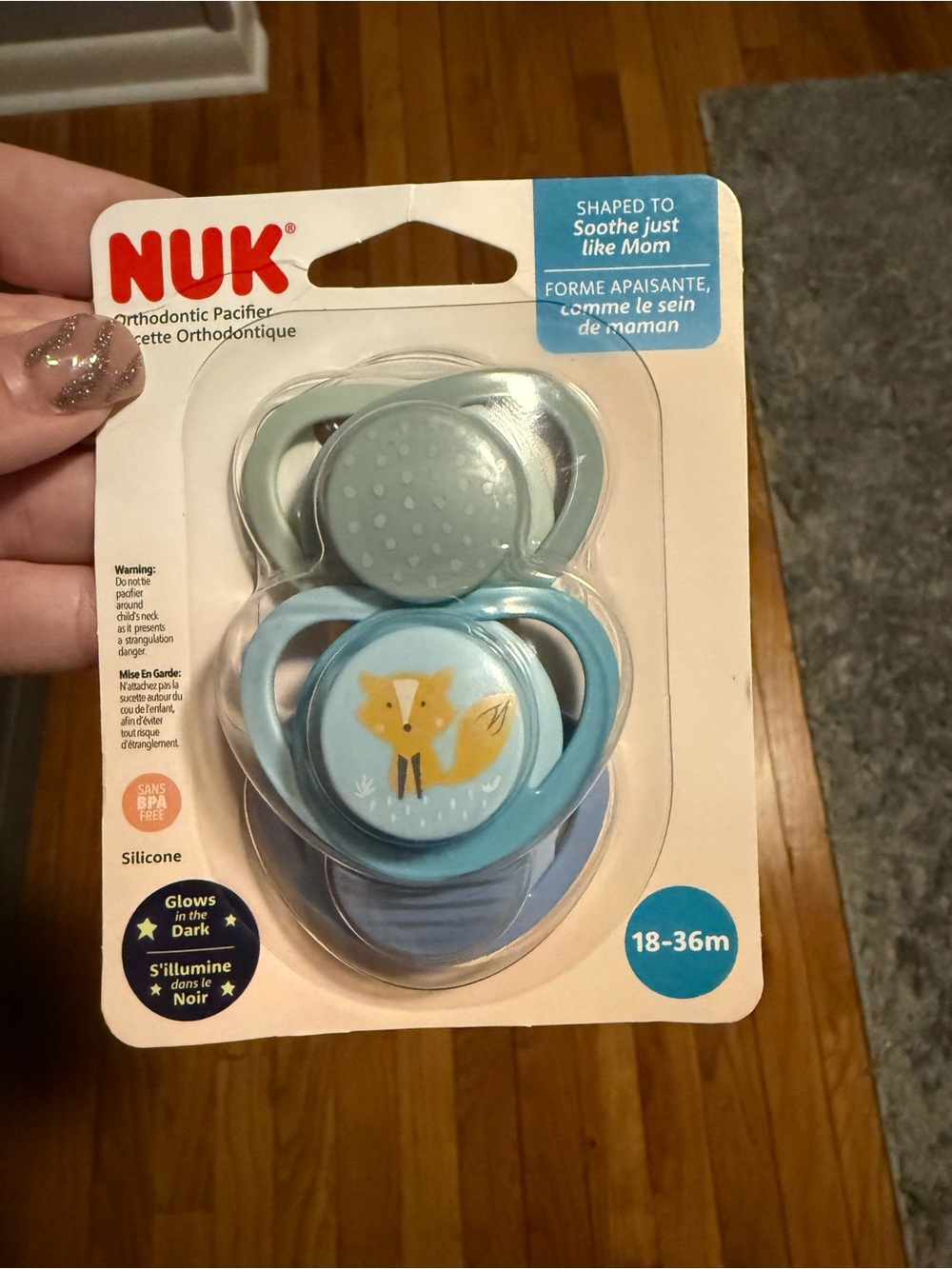 NUK 2-Pack Silicone Pacifier Set in Light Blue with Fox Motif (18-36M)